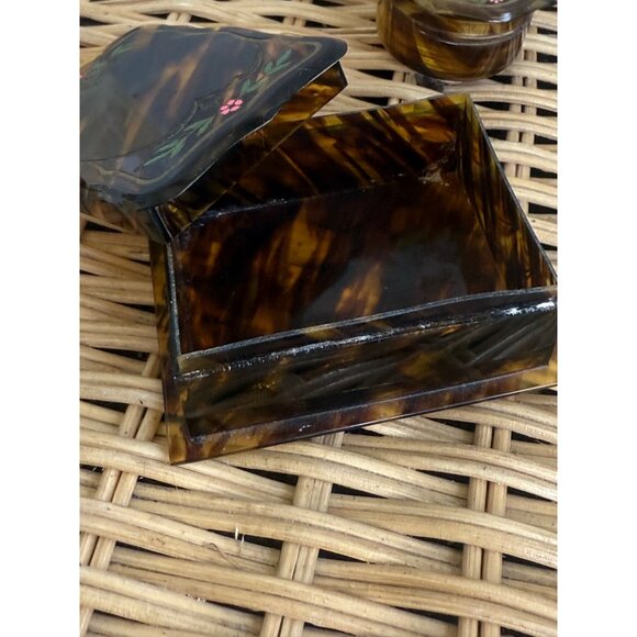 Antique 20's Faux Tortoise Carved Celluloid Painted Flowers Vanity set - Picture 9 of 15